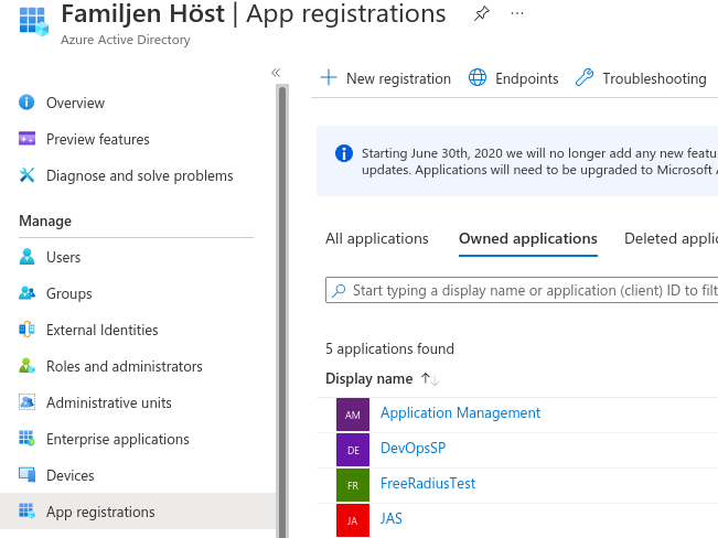 App registrations menu