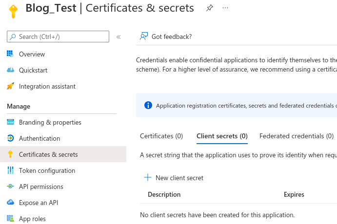 App registration, create new secret